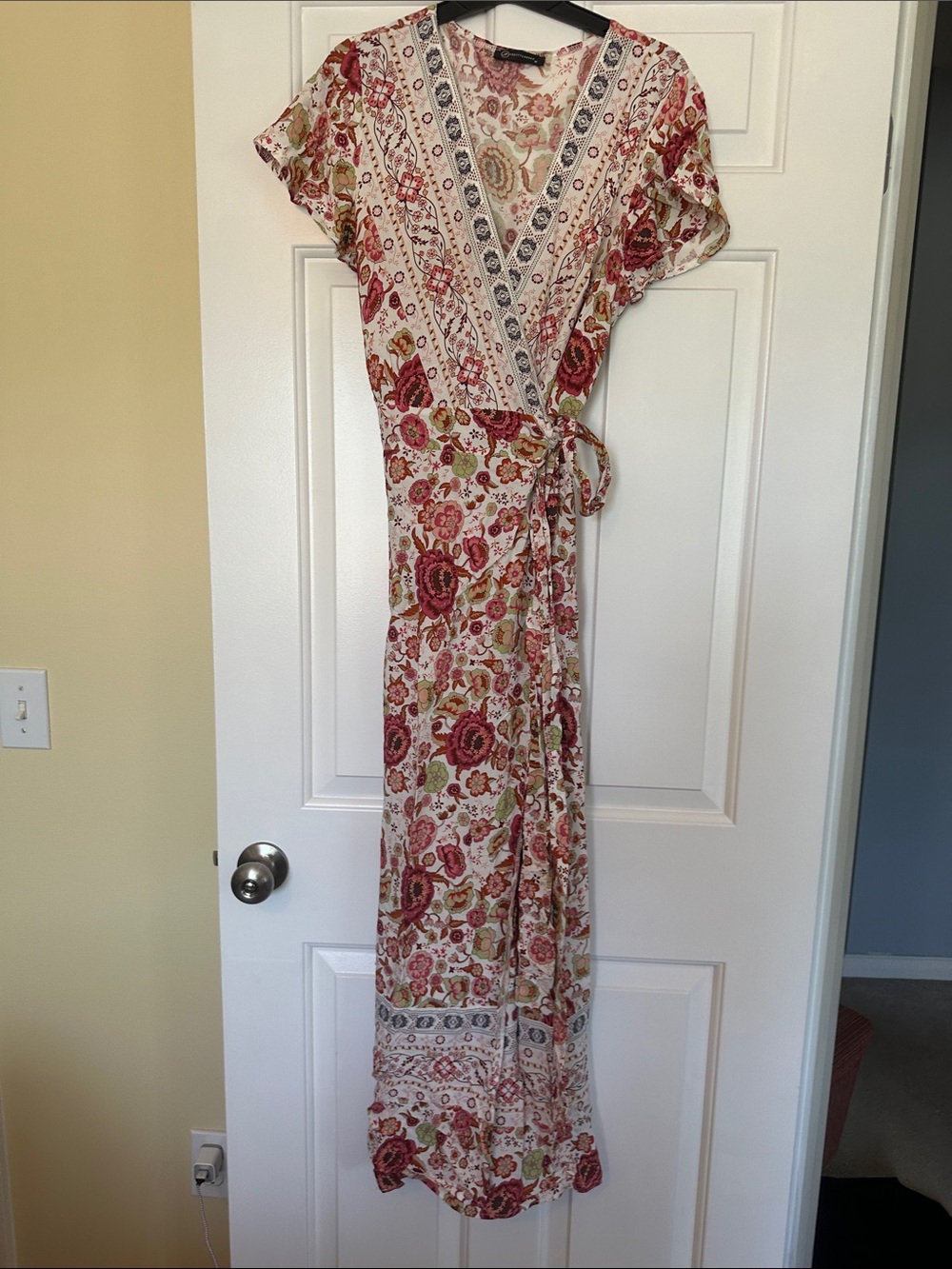 Floral Wrap Maxi Dress in Cream and Red. Viscose. Never worn.